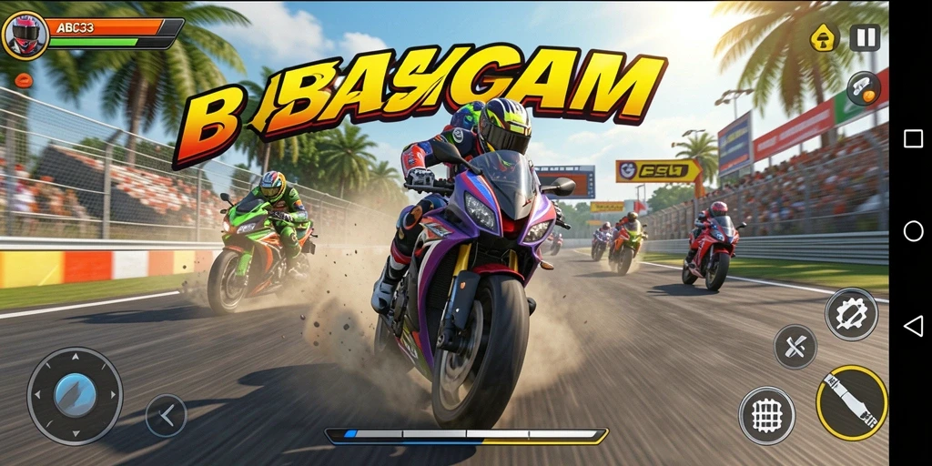 Screenshot gameplay ABC33 yang menunjukkan aksi balapan motor yang mendebarkan.