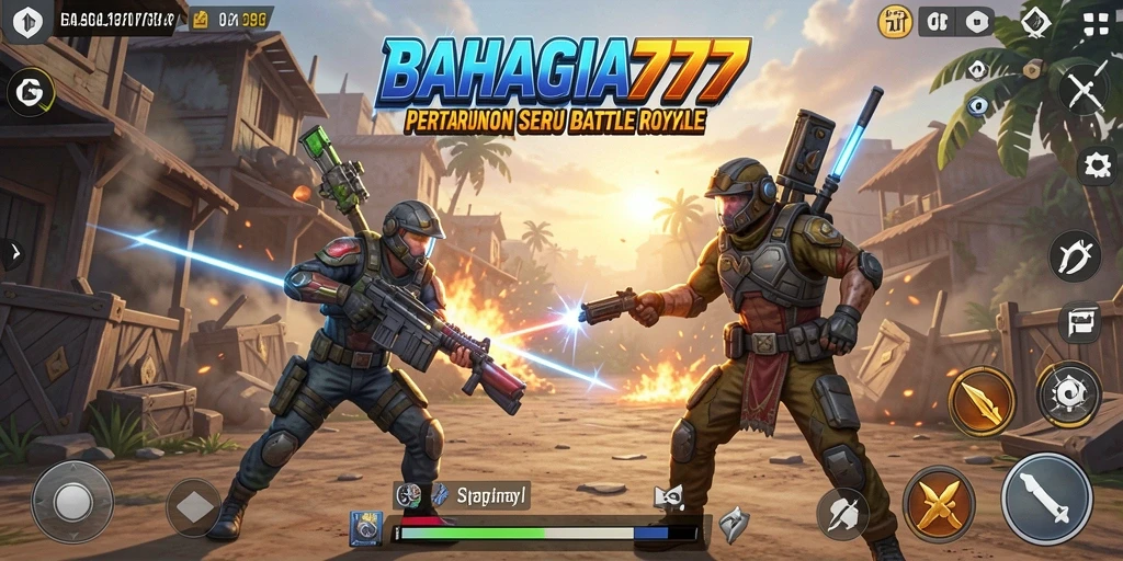 Screenshot BAHAGIA777 menampilkan aksi pertarungan seru di medan perang Battle Royale.