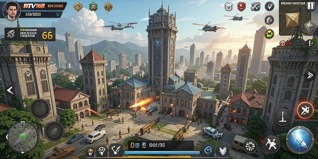 Screenshot dari gameplay BTV168 memvisualisasikan pertahanan menara yang intens.