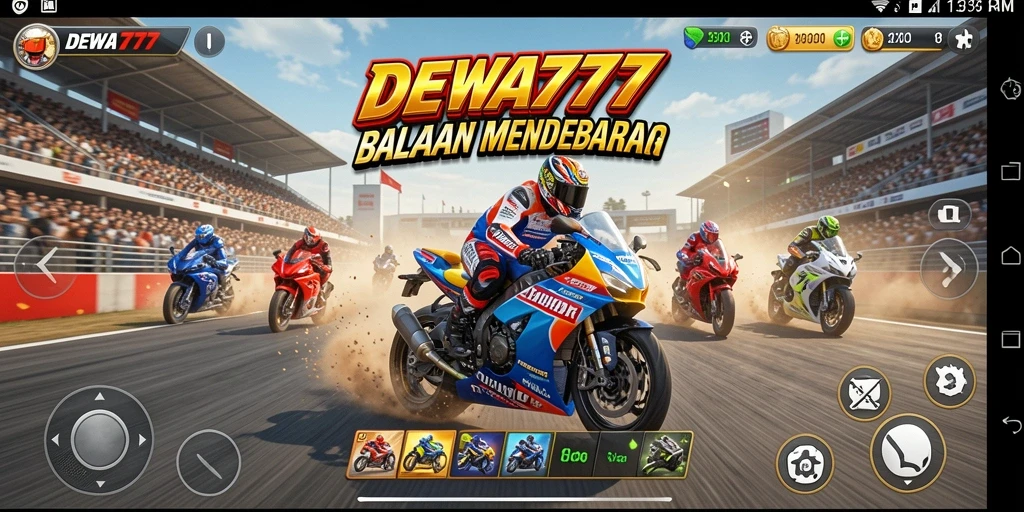 Tampilan gameplay seru DEWA777 dengan berbagai motor dan trek menantang.