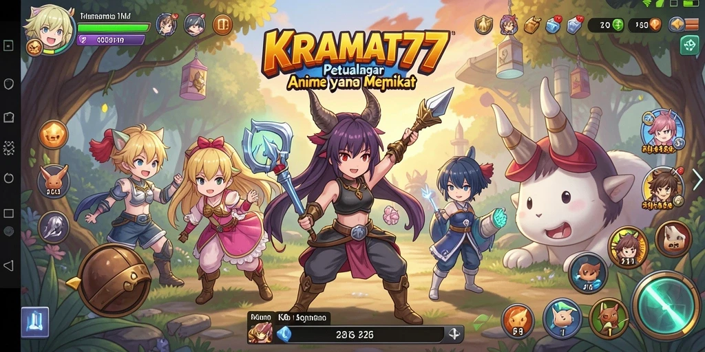 Tampilan gameplay dinamis dari KRAMAT77 dengan karakter Anime yang menarik.