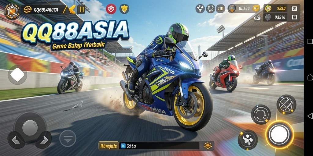 Screenshot QQ88ASIA menampilkan aksi balapan motor yang seru.