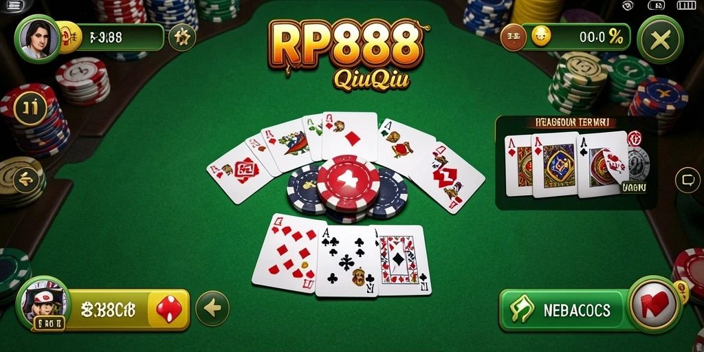 Screenshot utama RP888 menampilkan aksi seru dalam permainan QiuQiu.