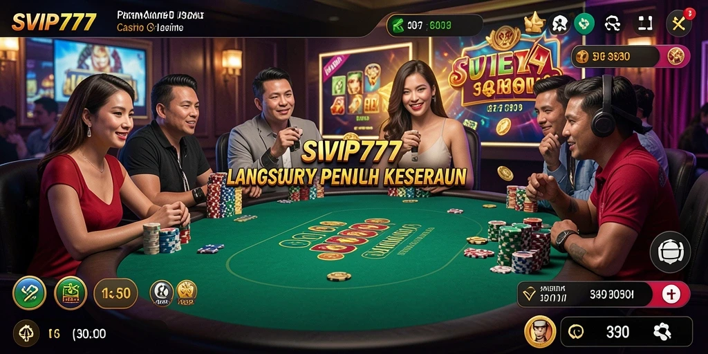 Screenshot gameplay SVIP777 menampilkan dealer cantik dan suasana kasino langsung.